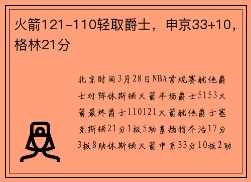 火箭121-110轻取爵士，申京33+10，格林21分